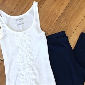 White tuxedo ruffle tank top and navy blue leggings outfit set - summer …